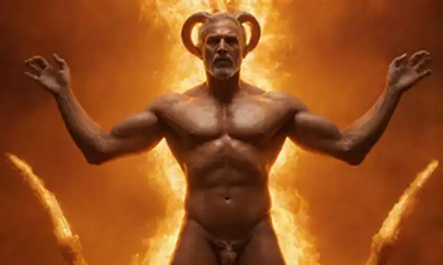 ilustración 3D de una poderosa figura con múltiples brazos y rostros, de pie frente a un ardiente fondo naranja-amarillo, rodeado de serpientes, llamas y cuerpos celestes, representando la energía dinámica de Shivas y el poder cósmico