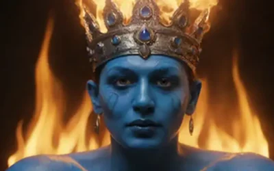 3D rendering of Shivas blue-skinned face with third eye