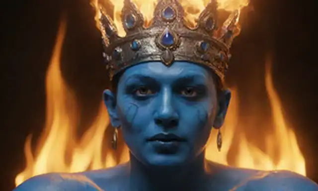 3D rendering of Shivas blue-skinned face with third eye