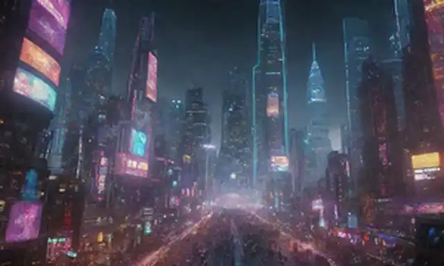 robots 3D emergentes de pantallas, flujos de datos caóticos girando alrededor de ellos, chispas volando como máquinas reboot, engranajes haciendo clic en el lugar, un futurista paisaje urbano en el fondo con impresionantes rascacielos y luces de neón, un sentido de incertidumbre y transformación colgando en el aire