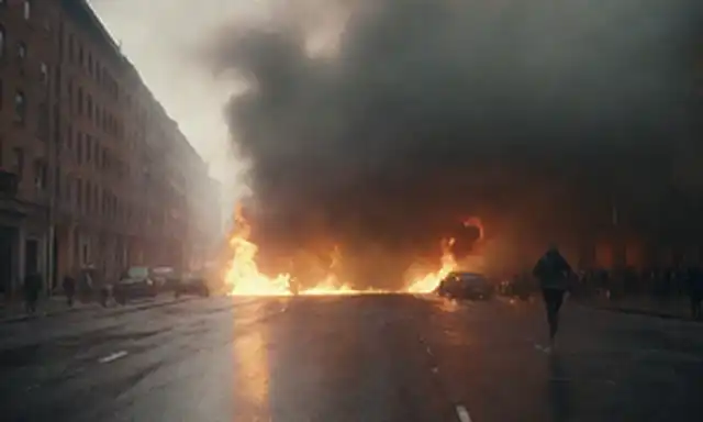 Una ola de ruptura choca contra una calle de la ciudad, con gente corriendo en diferentes direcciones, coches volcados, humo en billowing, edificios en llamas, y una figura de alto en medio del caos, rodeado de flashes de rayos