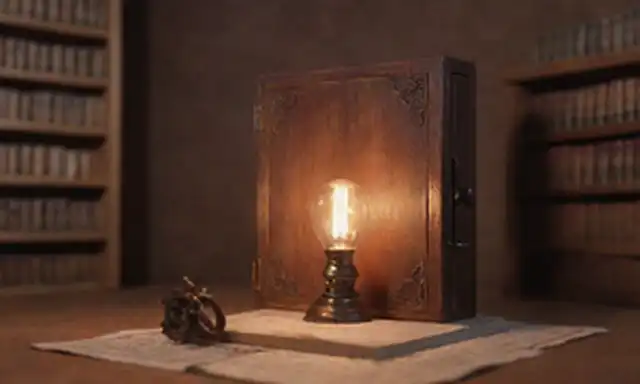 Una persona que sostiene una linterna iluminada frente a una librería con puertas abiertas