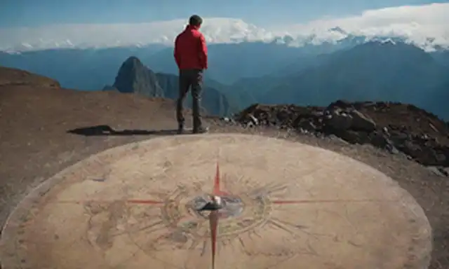 Un mapa de América del Sur con una línea roja que marca el Ecuador, la superficie de las Tierras con el Océano Pacífico y las Montañas de los Andes, una persona de pie en el medio del paisaje mirando una brújula, montañas, nubes, sol brillando, un sentido de aventura, un hito geográfico