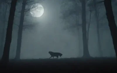 Un bosque iluminado por la luna con lobos vagando libre