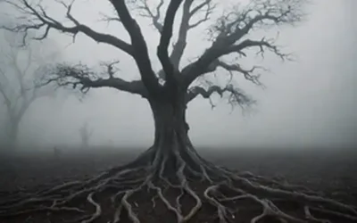 Un paisaje oscuro y defectuoso con raíces de árboles torcidas