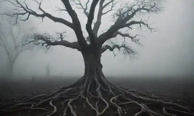 Un paisaje oscuro y defectuoso con raíces de árboles torcidas