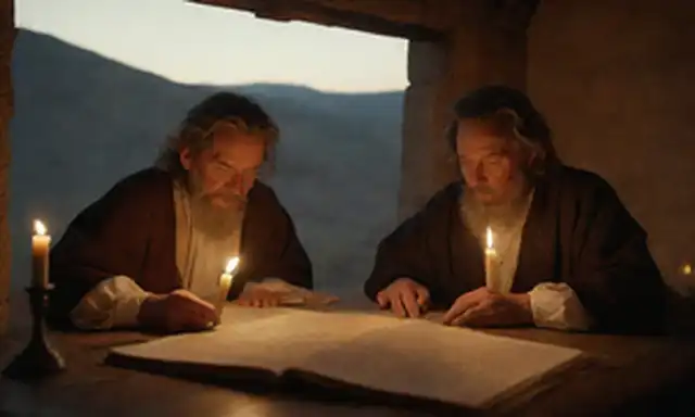 Estudiosos bíblicos del siglo XVII que estudian manuscritos antiguos, rodeados de candelabros y libros antiguos, con un ligero toque de paisaje del desierto en el fondo, simbolizando la búsqueda espiritual, con una sutil calidez y paleta de color suave para evocar un sentido de contemplación y reverencia