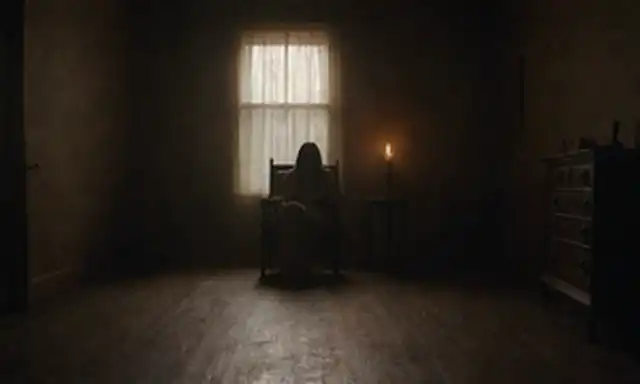 Una habitación oscura y estremecida con pizarras de madera, velas agitadas y sombras extrañas; una chica poseída sentada en una silla, sus ojos rodaban hacia atrás, con un campo de fuerza inexplicable que la rodeaba; una figura fantasmal que sobrevolaba su cabeza, susurrando amenazadoramente