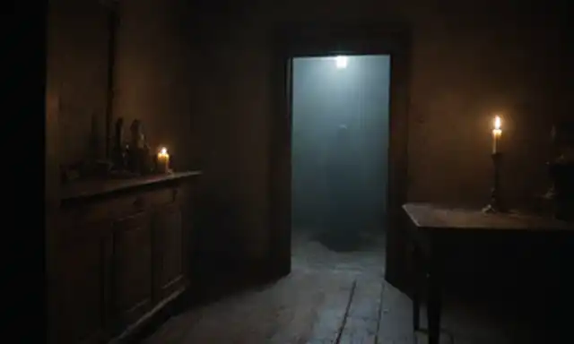Una habitación oscura y lencería con muebles de madera viejas, velas agitadas que arrojan sombras en las paredes, y un ambiente de mal humor; una figura fantasmal parcialmente visible en el fondo, erguidamente tranquila; una puerta misteriosa ligeramente ajar, como si invitara al espectador a entrar; una fuente de luz débil que emana de dentro, iluminando sólo partes de la escena