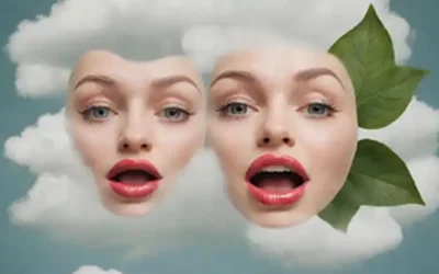 Una ilustración caprichosa con un par de labios guiñadores rodeados de nubes giratorias