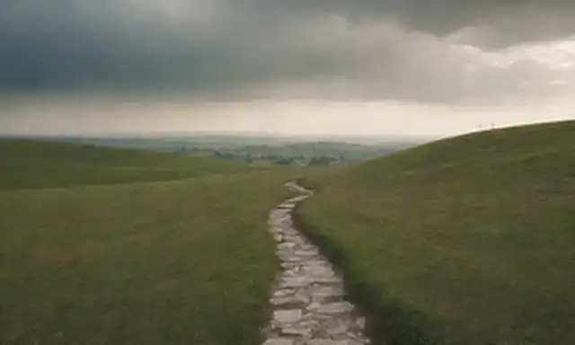 Un paisaje sereno con un camino de viento, suaves colinas y unos pocos árboles dispersos; una figura en la contemplación en el horizonte; una luz sutil que filtra a través de nubes; una representación abstracta de una brújula o mapa; un sentido de viaje o exploración; una conexión a la naturaleza