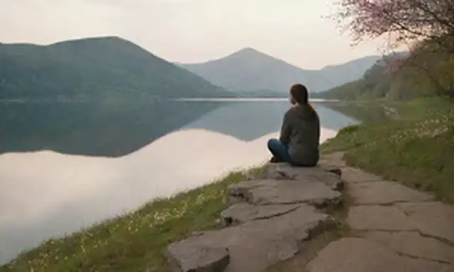 Un paisaje sereno con camino de viento, flores florecientes, un lago tranquilo en el fondo; una persona sentada en la roca, mirando hacia el horizonte, las manos apretadas en el pensamiento; sutiles toques de las naturalezas ciclos y patrones; suave, cálida iluminación; sencillez y contemplación