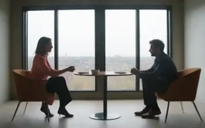 Una sala de reuniones tranquila con dos personas sentadas entre sí