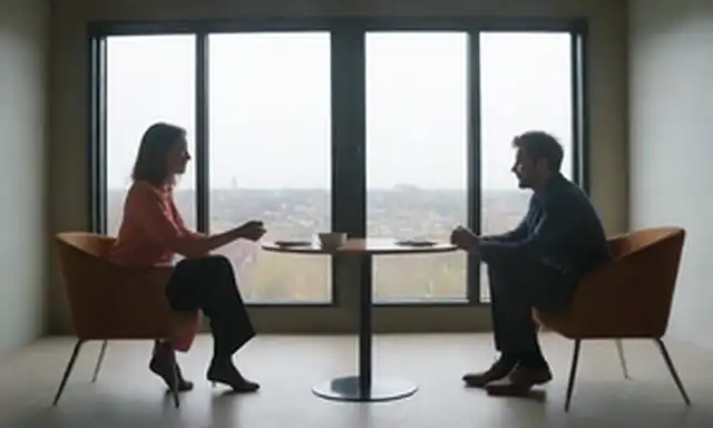 Una sala de reuniones tranquila con dos personas sentadas entre sí