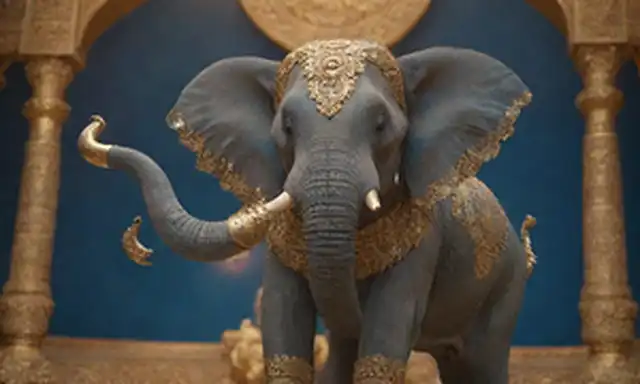Un fondo azul sereno con una majestuosa deidad cabeza de elefante, expresión suave, tronco curvado y cuatro brazos que sostienen diversos objetos, rodeado de patrones y motivos intrincados, luz dorada cálida iluminando el tema
