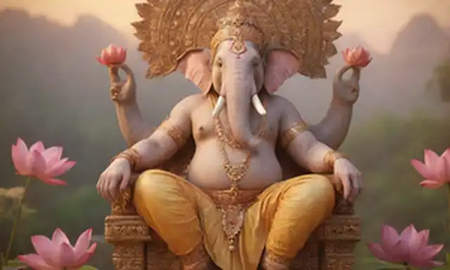 ilustración 3D de una deidad hindú con cabeza de elefante, colmillo curvado y brazos múltiples, rodeado de patrones intrincados, hojas y flores, sentado en un loto o un trono, frente a un paisaje indio borroso, con luz dorada cálida