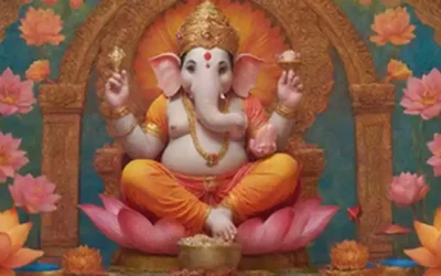 Una ilustración cálida y vibrante de Ganesha sentado en un trono de loto