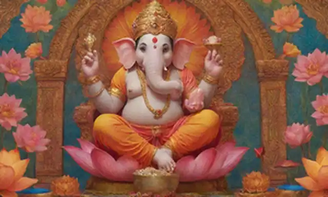 Una ilustración cálida y vibrante de Ganesha sentado en un trono de loto