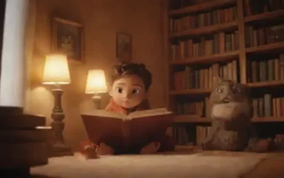 3D caracteres sentados en un rincón de libro acogedor