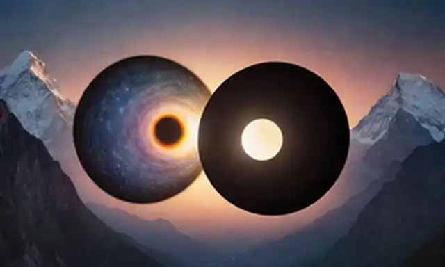Un equilibrio armonioso entre dos mitades contrastantes, curvas suaves y duras, colores ligeros y oscuros, espirales entrelazadas, cuerpos celestes orbitando, una majestuosa cordillera de montaña, símbolos yin/yang entrelazados, bucles infinitos, energías opuestas fusionando, sabiduría antigua inscrita en la naturaleza
