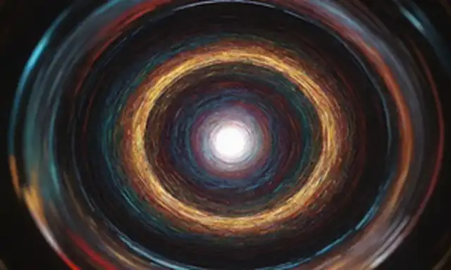 Gráficos 3D de un vórtice torbellino girando con píxeles coloridos, rodeados de espejos fragmentados que reflejan imágenes distorsionadas, con formas abstractas que parecen ondas de sonido o ondas de choque que emanan de su centro