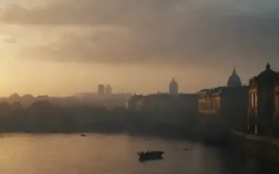 Paisaje urbano del siglo XVIII al amanecer con figuras de Iluminación en contemplación