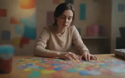 Una persona rodeada de una mezcla de formas y colores