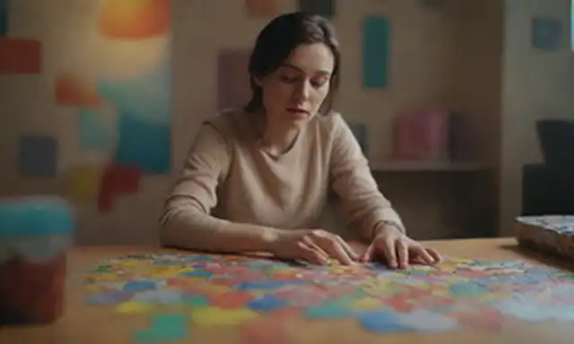 Una persona rodeada de una mezcla de formas y colores