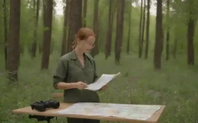 Un investigador en un exuberante bosque verde con binoculares alrededor de su cuello