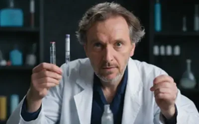Un científico en una capa de laboratorio que sostiene un tubo de prueba con una expresión curiosa