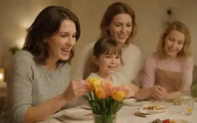 Un hogar cálido y acogedor interior con una familia reunida alrededor de una mesa para la cena