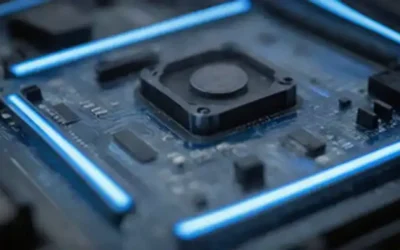 Tablero de circuito con alambres azules brillantes