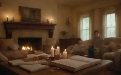 Una cálida y acogedora sala de estar con una familia reunida alrededor de una mesa