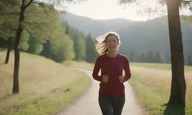 Una persona sonriendo mientras corre al aire libre en la naturaleza, usando ropa cómoda y una expresión relajada, con árboles y colinas en el fondo, rodeado de luz solar, agua u otros elementos calmantes