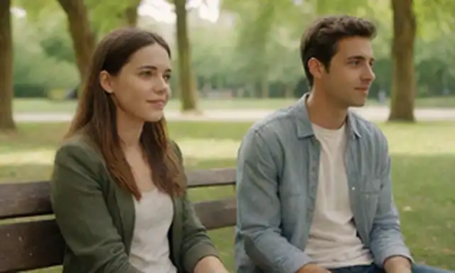 2 amigos sentados en un banco de parques con gestos abiertos, una persona da la mano sobre los otros hombros, lenguaje corporal relajado, contacto directo con los ojos, expresiones faciales suaves, un espacio vacío entre ellos para una conversación honesta, luz natural suave, vegetación circundante, sin barreras o obstáculos