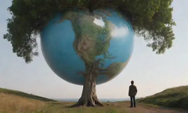 Una persona contemplando un globo con caminos que se desarrollan, como una hoja de ruta para comprender; un árbol con ramas que se extienden hacia el cielo, representando el crecimiento y el propósito; un par de ojos mirando hacia un horizonte infinito, simbolizando la perspectiva y la penetración; una pieza de rompecabezas haciendo clic en el lugar, lo que significa la conexión entre elementos dispares