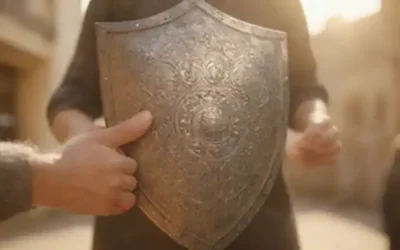 Dos manos sostienen un escudo con diseño intrincado
