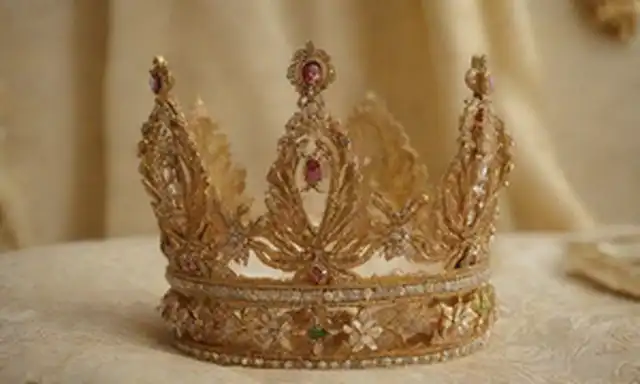 siglo XVI Escena de la familia real francesa, joyas de la corona ornamentada, delicado motivo de la flor de lirio, adorno dorado, fondo suave de la luz, atuendo real