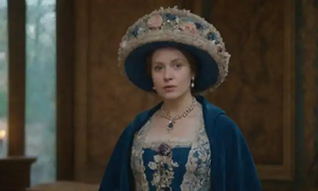 noblemujer del siglo 18 con un sombrero de flor, rodeado de símbolos alquímicos sutiles, con un manto azul regal y un borde de encaje intrincado, situado en un telón de fondo de la arquitectura del estilo renacentista o un bosque místico