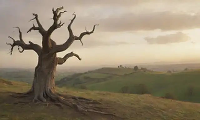 siglo XVII Paisaje europeo, iluminación de puesta del sol, colinas onduladas, árbol antiguo con raíces retorcidas, cordillera distante, nubes espeluznantes, bruma sutil, enfoque suave en figuras de distancia, sin rasgos o caras discernibles, sentido de profundidad y perspectiva