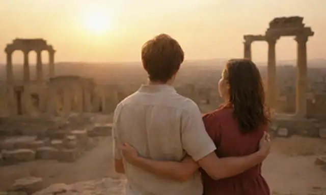 2 hermanos abrazando, mano a mano, en un cálido fondo de puesta de sol, con un toque de ruinas antiguas en la distancia, transmitiendo intimidad y comprensión compartida, con un ambiente de reverencia y devoción