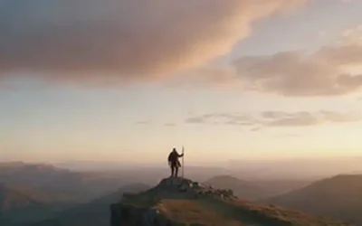 Una ilustración del estilo del siglo XVII de un viajero solitario de pie en un pico de montaña