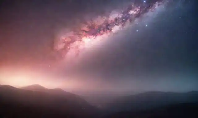 Un paisaje cósmico con nubes giratorias, una galaxia en la distancia, un brillo sutil, formas abstractas, luces misteriosas, niebla etérrea, colores vibrantes, atmósfera surrealista
