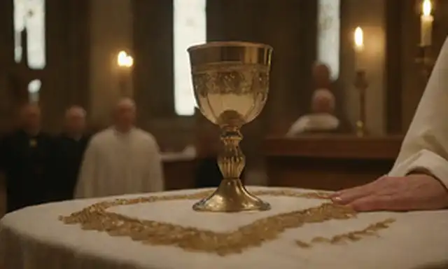 Cáliz 3D, host consagrado en el paño del altar, las manos de los sacerdotes que sostienen la cera santa, el ciborio dorado en el fondo, el interior de la iglesia ornamentada, la luz de las velas, sutil reflejo de la ventana de vidrio manchado