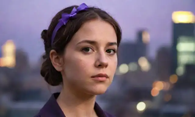 Una mujer se enfrenta con una mezcla de tristeza y resiliencia, usando una cinta púrpura o flor en su cabello, contra un fondo borroso de calles de la ciudad al atardecer; un par de manos sosteniendo un espejo que refleja un cristal roto; una sombra sutil de una puerta que se cierra; un toque de un skyline de la ciudad en la distancia con edificios agrietados como espejos rotos;
