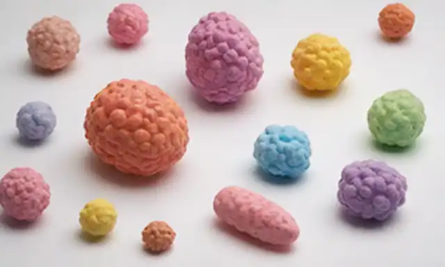 ilustraciones 3D de organismos biológicos con formas y tamaños variados, colores que van desde pasteles suaves a primarias brillantes, detalles intrincados que muestran características morfológicas tales como apéndices, patrones y texturas, configuradas contra un fondo gris limpio blanco o sutil
