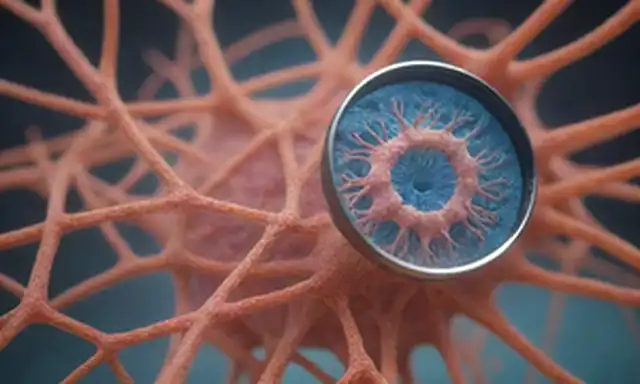 ilustración 3D de un organismo biológico con características morfológicas detalladas, redes intrincadas de vasos y fibras, afeitado sutil para cues de profundidad, colores vibrantes para resaltar estructuras específicas, lupa vidrio o loupe en primer plano, fondo de enfoque suave para sugerir microscopía o exploración