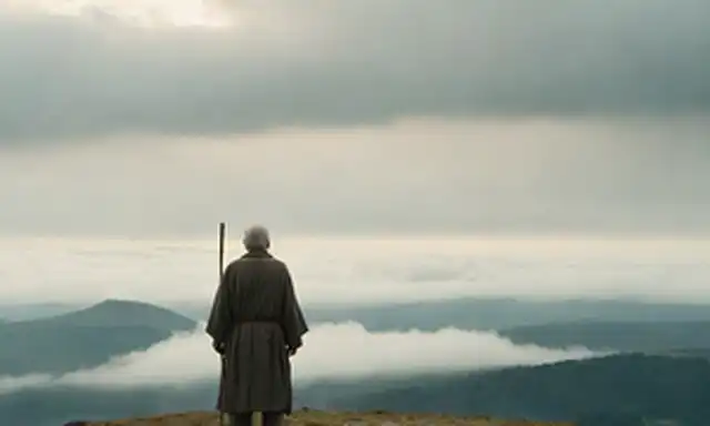 Un anciano sabio con un personal, rodeado de nubes y niebla, mirando hacia un paisaje irreconocible; una ciudad o ciudad distantes visibles en el horizonte; un sentido de anhelo y búsqueda en su expresión; un resplandor sutil o aura alrededor de él; terreno accidentado en el fondo