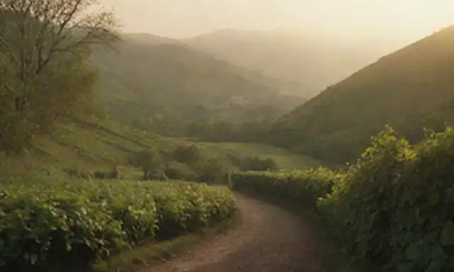 Paisaje del siglo XVIII con montañas de mal gusto, caminos de viento, una figura solitaria en la distancia, rodeada de exuberante vegetación y vides, con una cálida luz dorada que arroja largas sombras, insinuando el ambiente introspectivo y melancólico del romanticismo
