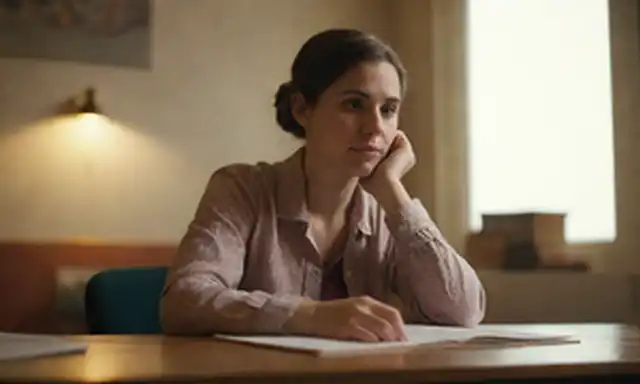 Una persona sentada en una mesa con libros y papeles, mirando reflexiva, rodeada de iluminación suave, con un fondo sutil que representa una escena de vida diaria, como un espacio de casa o oficina, colores cálidos, un sentido de calma, un toque de curiosidad